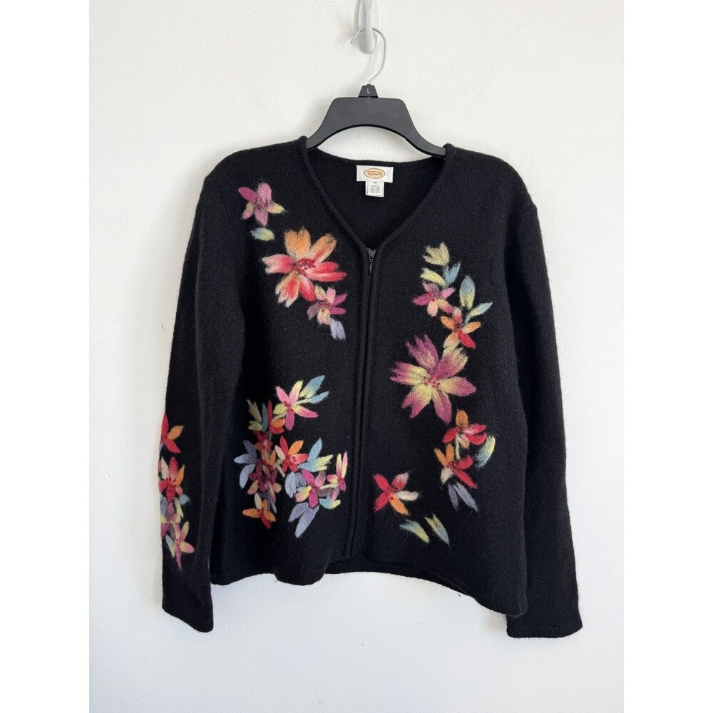 Talbots 100% Wool Cardigan Sweater Boiled Floral Zip Front Women's Size Medium
